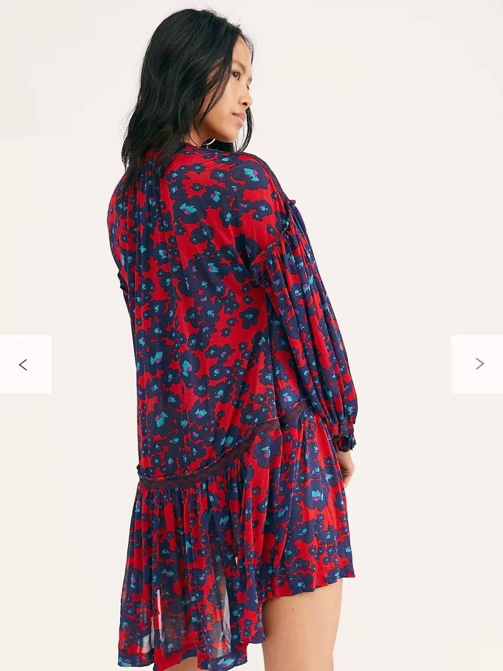 Free People Red Floral Print Button Front Mini Dress Boho Beach Oversize Size XS